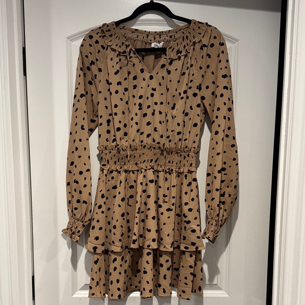 MACARON Tan and Black Ruffled Dress